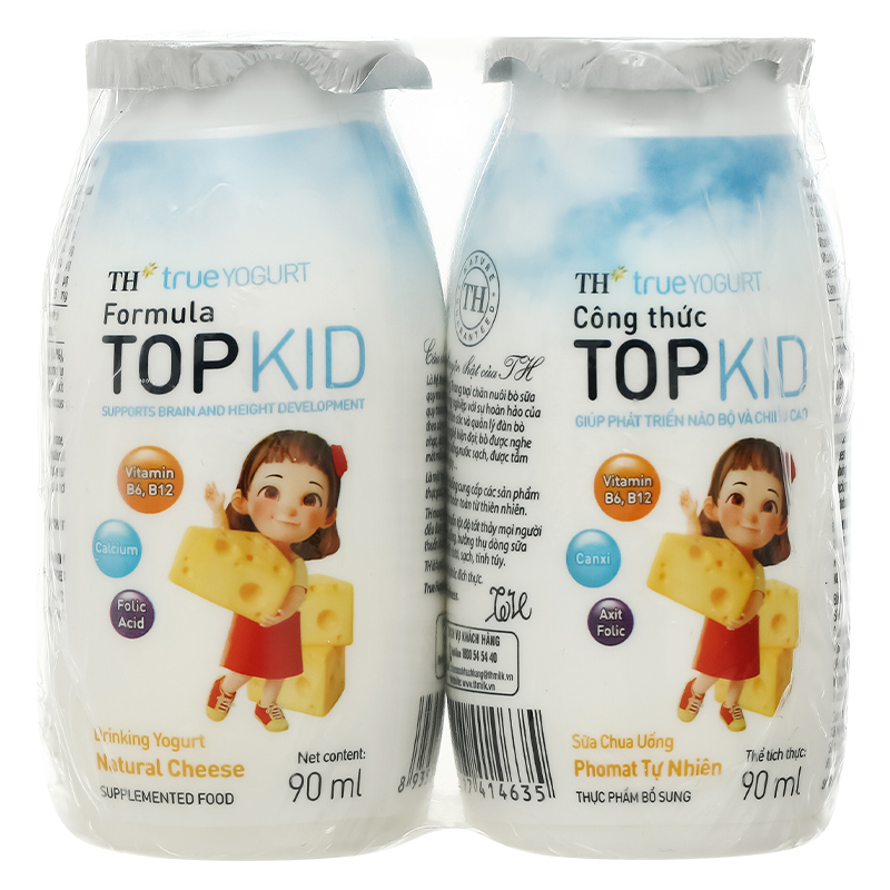Lốc 4 chai sữa chua uống phomat tự nhiên TH true YOGURT Top Kid 90 ml (từ 1 tuổi)