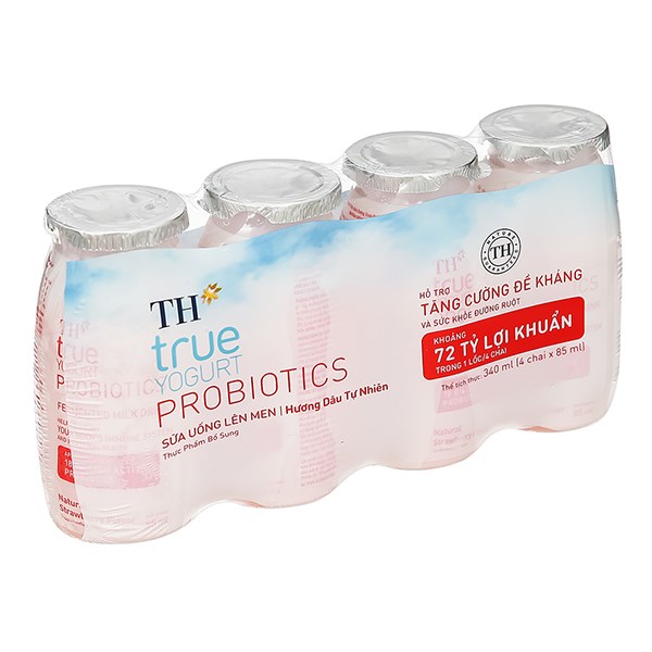 Lốc 4 Chai Sữa Chua Lên Men Th True Yogurt Probiotics Vị Dâu 85 Ml (Từ 1 Tuổi)