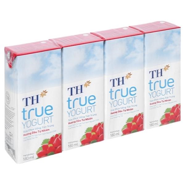 Lốc 4 Hộp Sữa Chua Uống Tiệt Trùng Th True Yogurt Vị Dâu 180 Ml (Từ 1 Tuổi)