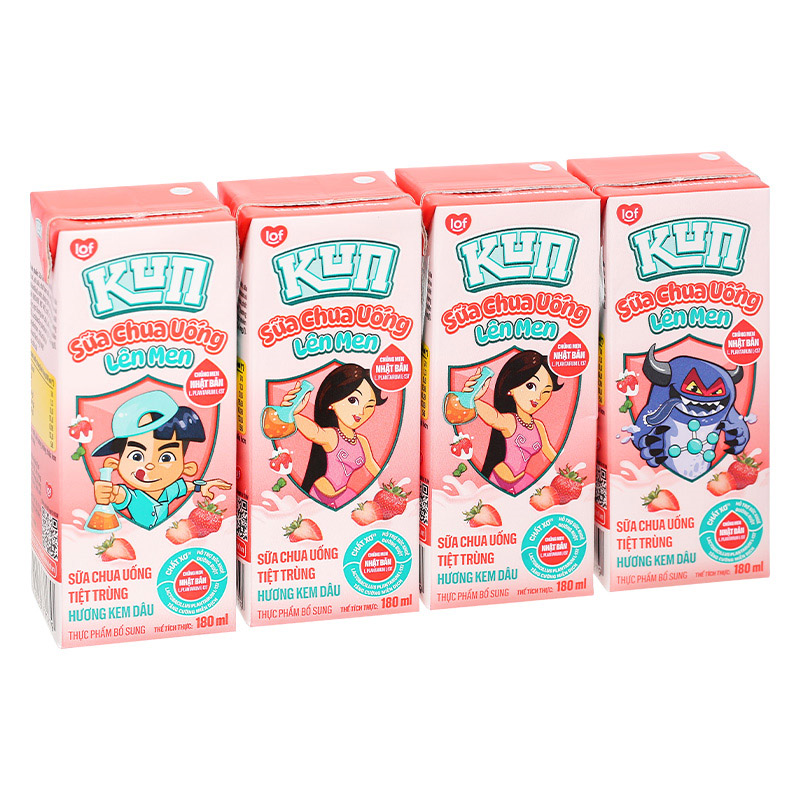 Lốc 4 hộp sữa chua uống tiệt trùng LiF Kun vị kem dâu 180 ml (từ 2 tuổi) 20