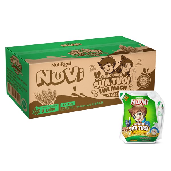 Thùng 24 Túi Sữa Tươi Lúa Mạch Vị Cacao Nutifood Nuvi 110 Ml (Từ 2 Tuổi)