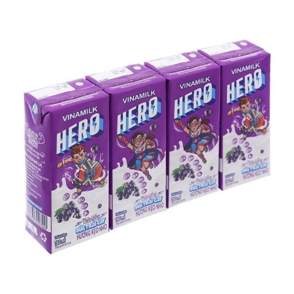 Lốc 4 Hộp Sữa Trái Cây Vinamilk Hero Hương Kẹo Nho 180 Ml (Từ 1 Tuổi)