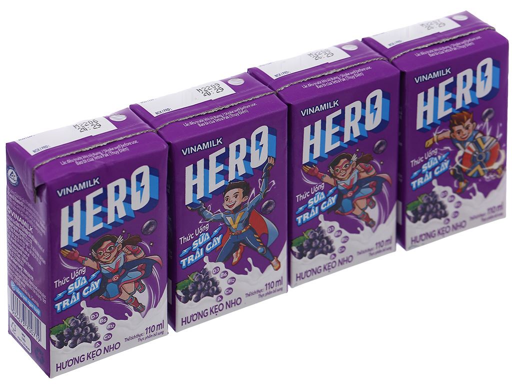 Lốc 4 hộp sữa trái cây Vinamilk Hero hương kẹo nho 110ml 1