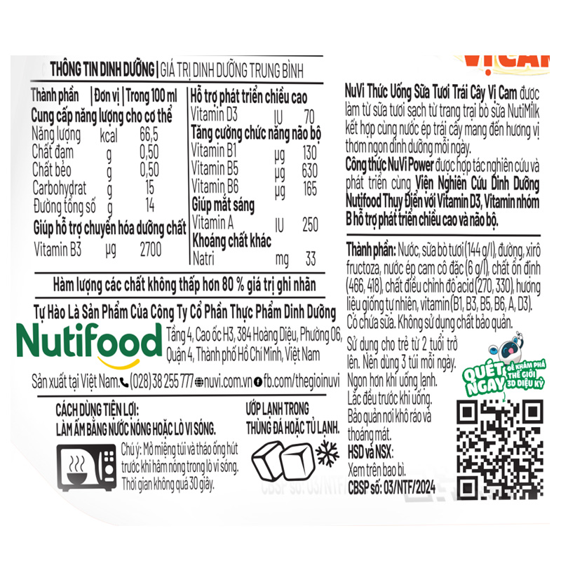 Thùng 24 túi sữa tươi trái cây Nutifood NuVi hương cam 110 ml (từ 2 tuổi) 12