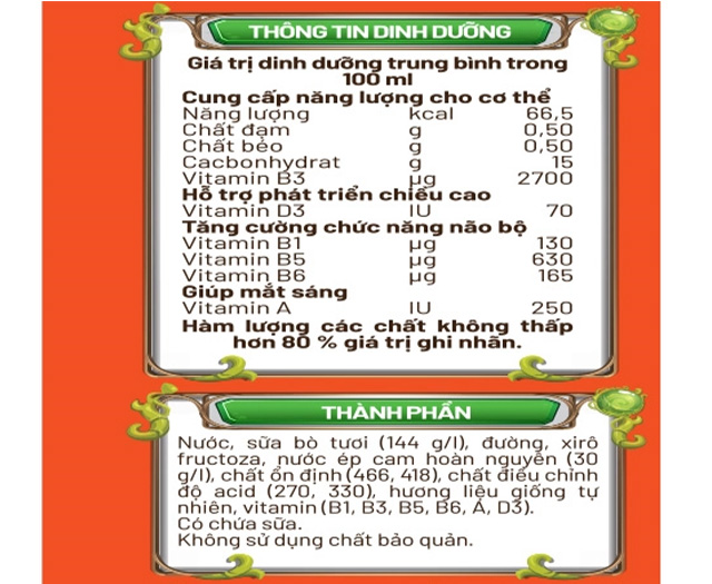 Thành phần - Thùng 48 hộp sữa trái cây Nutifood NuVi hương cam 180 ml (từ 1 tuổi)