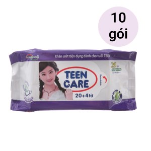 Lốc 10 gói khăn ướt Teen Care tím hương dịu nhẹ 20 miếng (tặng thêm 4 miếng)