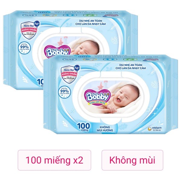 Combo 2 Khăn Ướt Bobby Dịu Nhẹ Cho Da Nhạy Cảm Không Mùi Gói 100 Miếng