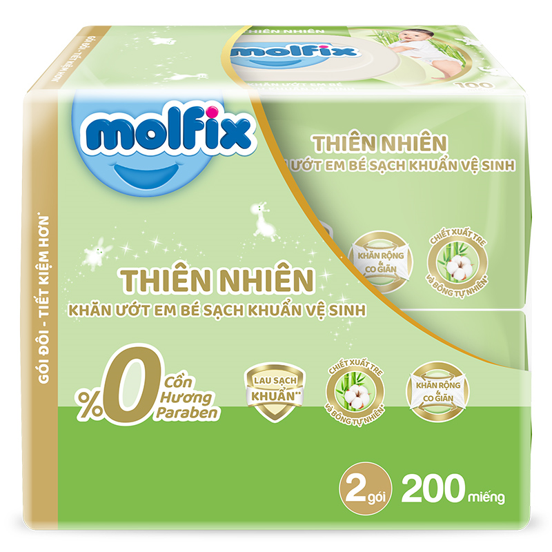 Khăn ướt Molfix sạch khuẩn vệ sinh không mùi gói 100 miếng - Lốc 2