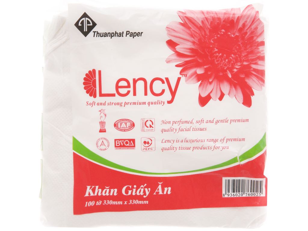 Khăn giấy ăn Lency 1 lớp gói 100 tờ 33 x 33cm 4