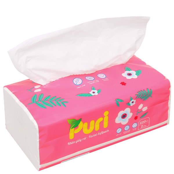 Gói 220 tờ khăn giấy lau mặt Puri không mùi 2 lớp 9