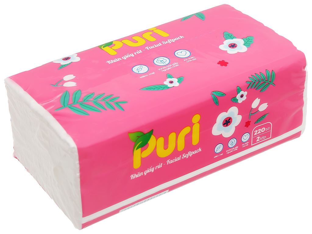 Gói 220 tờ khăn giấy lau mặt Puri không mùi 2 lớp 10