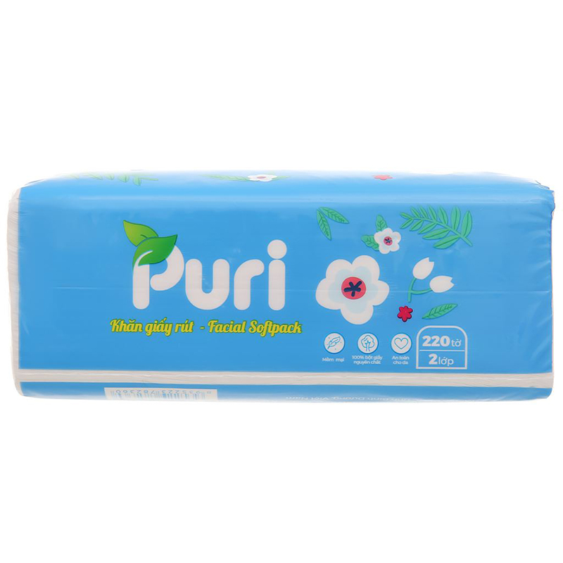 Gói 220 tờ khăn giấy lau mặt Puri không mùi 2 lớp 4