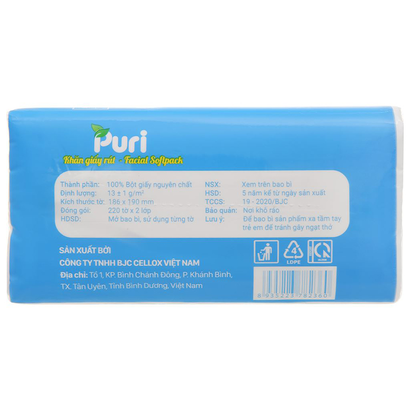 Gói 220 tờ khăn giấy lau mặt Puri không mùi 2 lớp 3