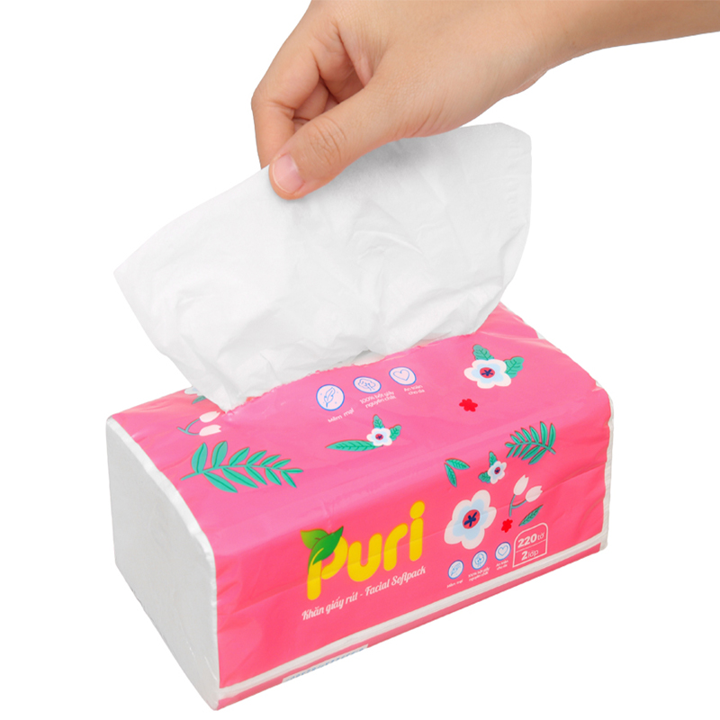 Gói 220 tờ khăn giấy lau mặt Puri không mùi 2 lớp 5