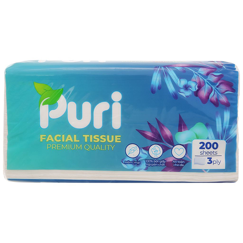 Gói 200 tờ khăn giấy lau mặt Puri không mùi 3 lớp 3