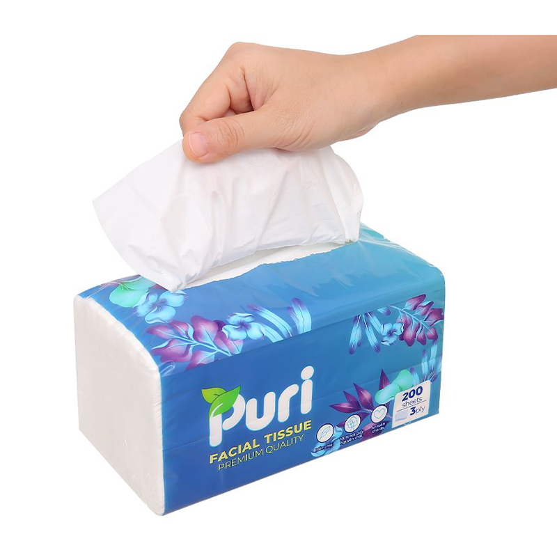 Gói 200 tờ khăn giấy lau mặt Puri không mùi 3 lớp 5