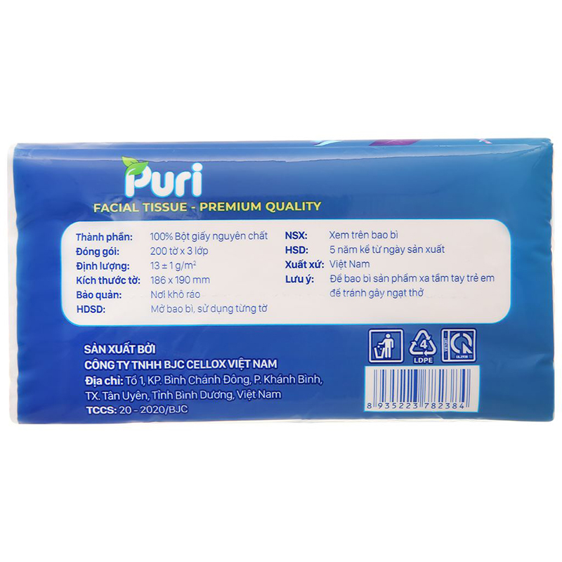 Gói 200 tờ khăn giấy lau mặt Puri không mùi 3 lớp 4