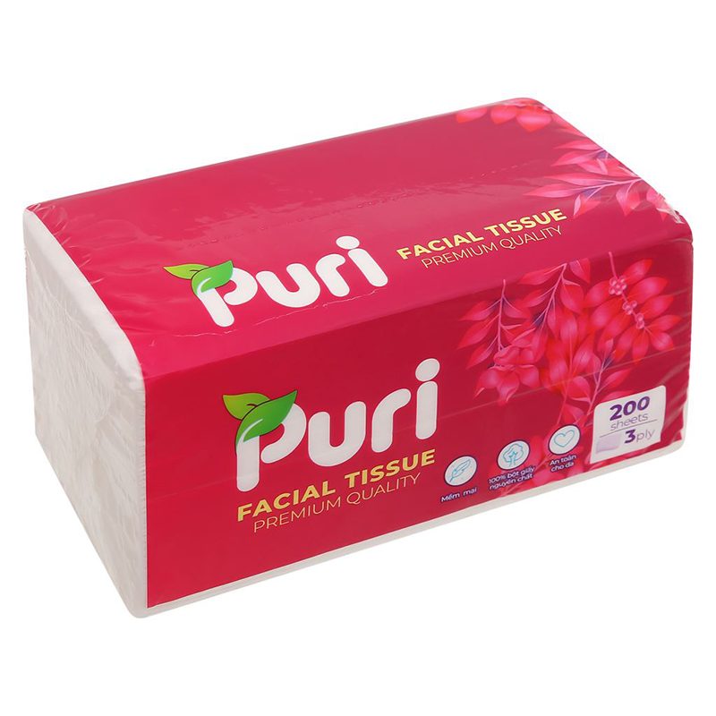 Gói 200 tờ khăn giấy lau mặt Puri không mùi 3 lớp 6