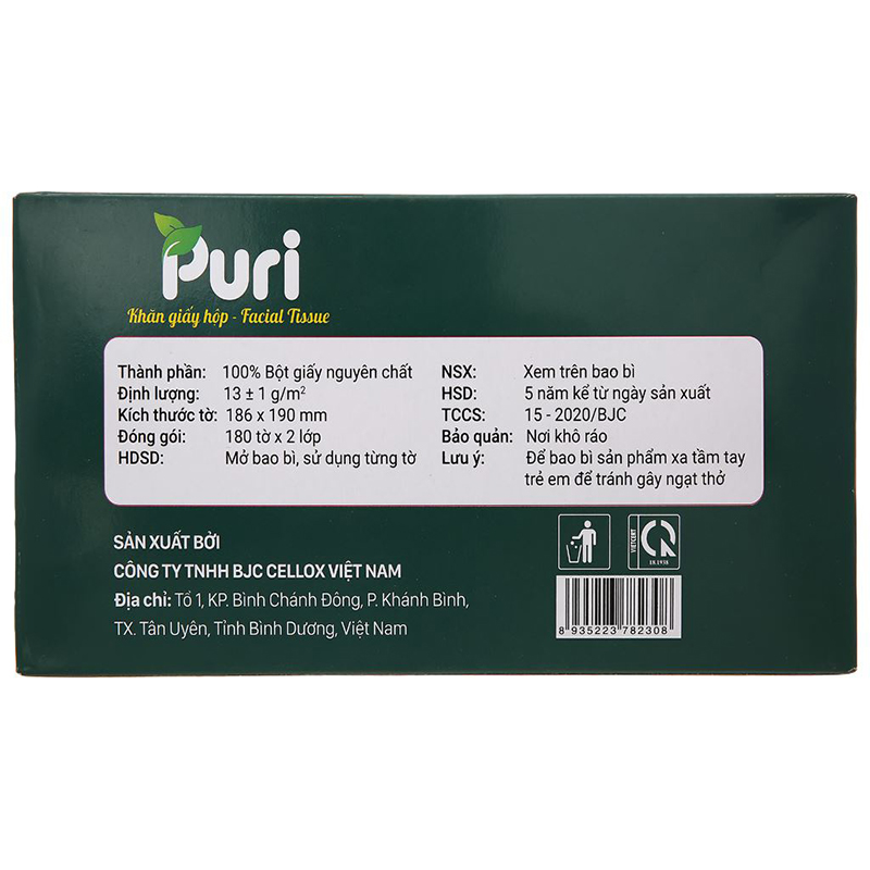 Gói 220 tờ khăn giấy lau mặt Puri không mùi 2 lớp 15