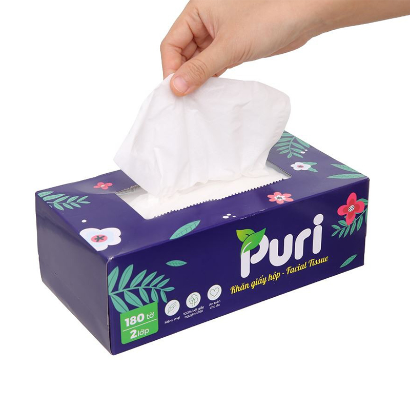 Gói 220 tờ khăn giấy lau mặt Puri không mùi 2 lớp 12