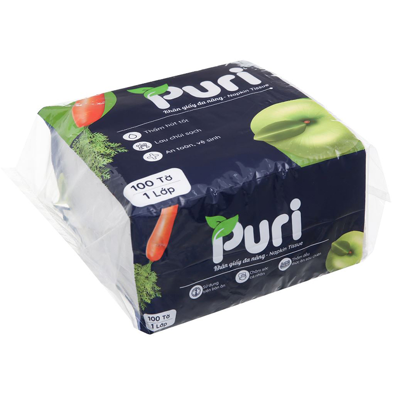 Gói 100 tờ khăn giấy ăn Puri không mùi 1 lớp - AVAKids.com