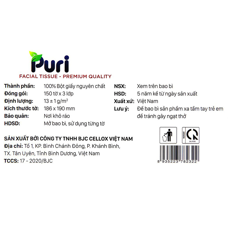 Gói 200 tờ khăn giấy lau mặt Puri không mùi 3 lớp 19