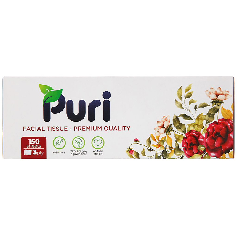 Gói 200 tờ khăn giấy lau mặt Puri không mùi 3 lớp 16