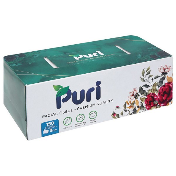Gói 200 tờ khăn giấy lau mặt Puri không mùi 3 lớp 10