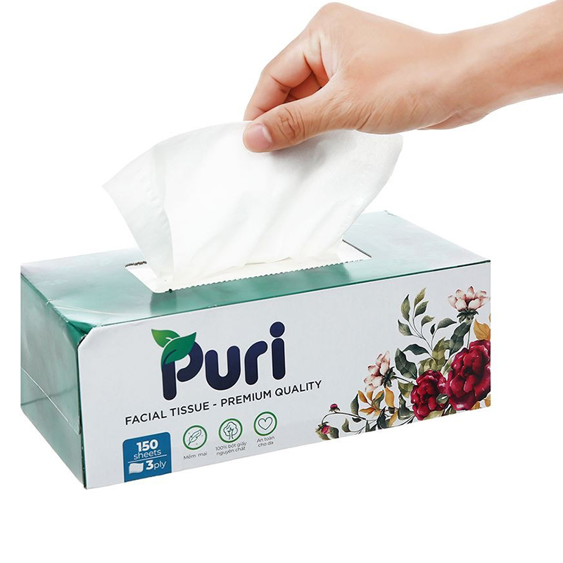 Gói 200 tờ khăn giấy lau mặt Puri không mùi 3 lớp 13