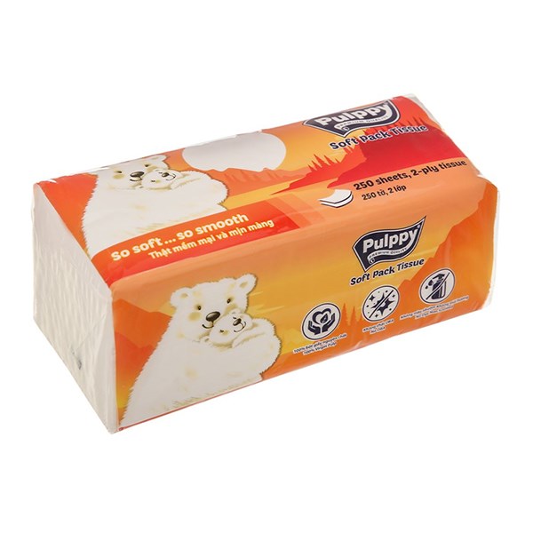 Gói 250 Tờ Khăn Giấy Rút Pulppy Polar Bear Không Mùi 2 Lớp