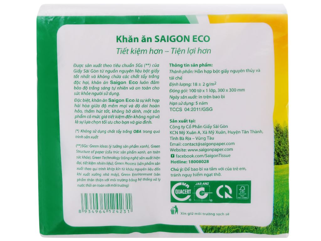 Khăn giấy ăn Saigon Eco 1 lớp gói 100 tờ 4