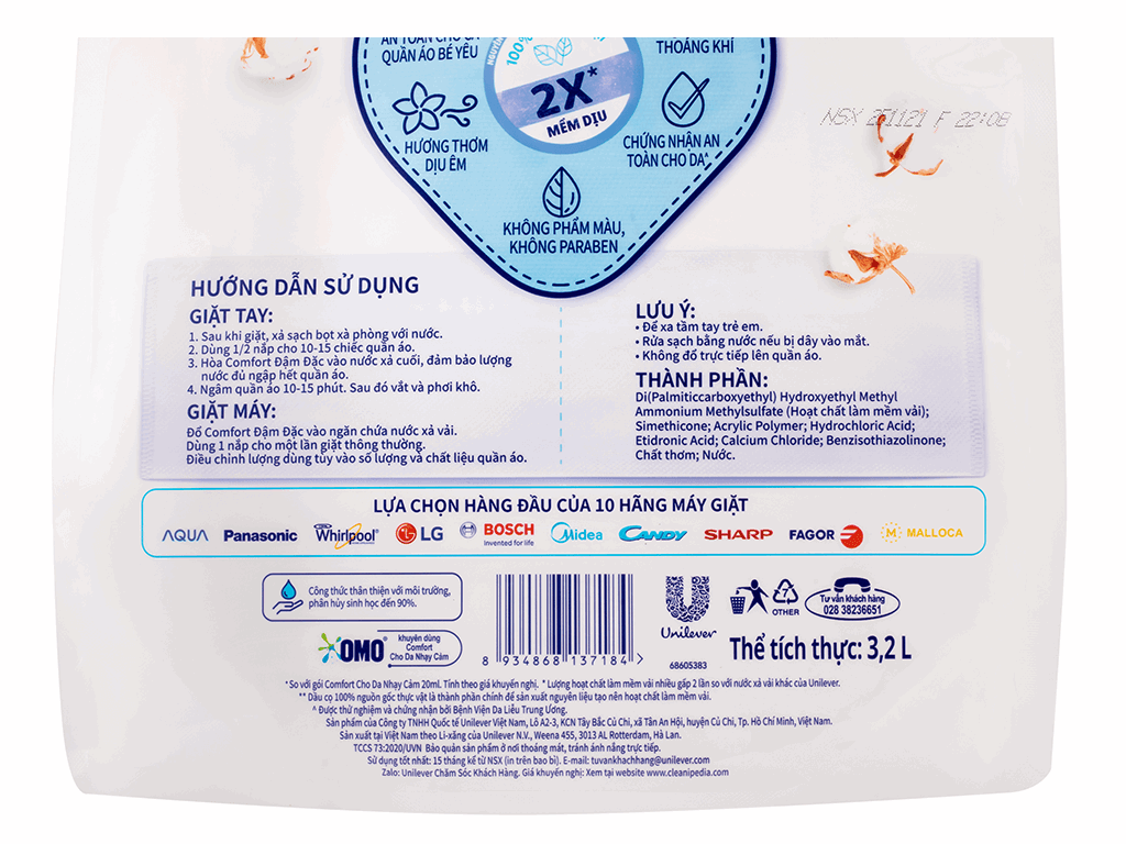 Nước xả mềm vải Comfort cho da nhạy cảm với công thức dịu nhẹ cho quần áo em bé túi 3.2 lít 4