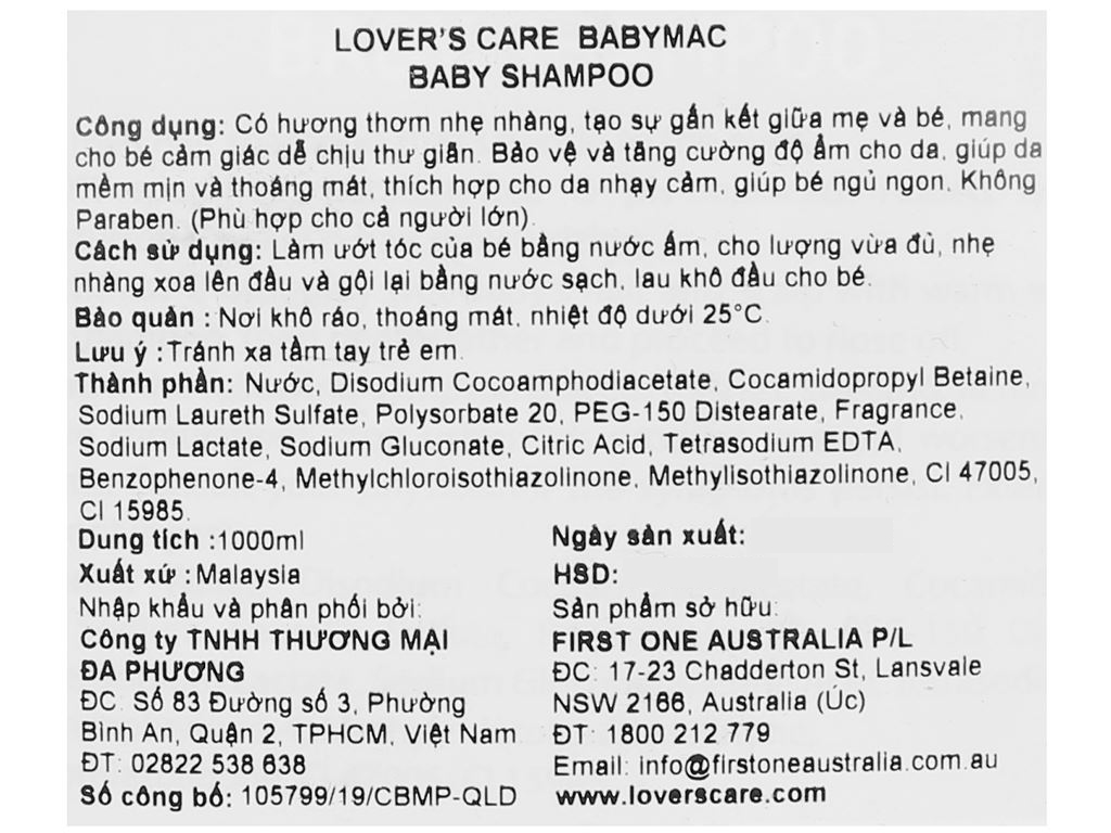 Dầu gội cho bé Lovercare Babymac Baby Shampoo 1 lít 4