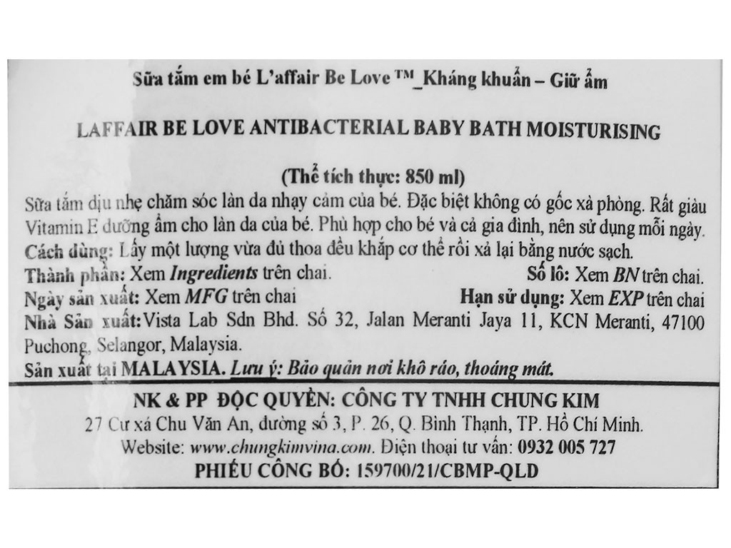 Sữa tắm em bé L’Affair Be Love kháng khuẩn - giữ ẩm 850ml 3