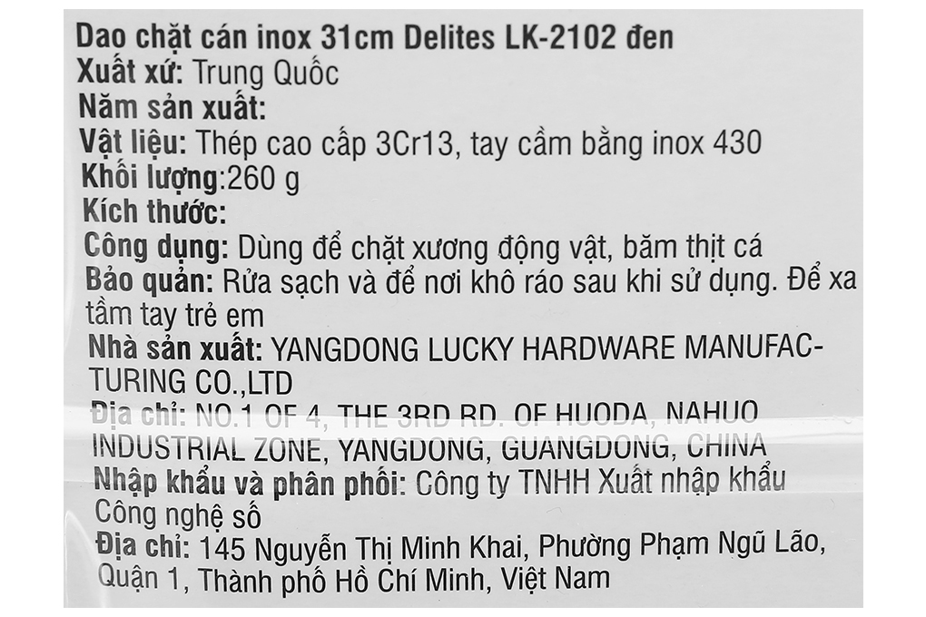 Dao chặt inox Delites LK-2102 Màu Đen
