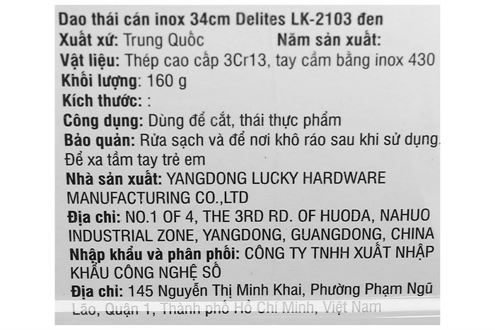 Dao thái inox Delites LK-2103 Màu Đen