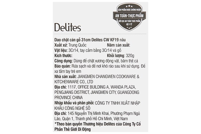 Dao chặt inox Delites CW KF19 Màu Nâu