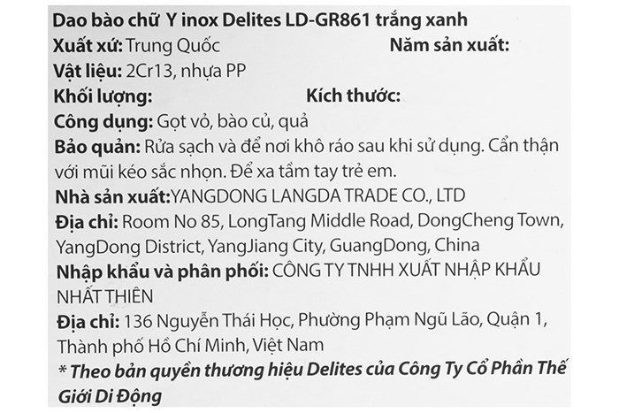 Dao bào chữ Y inox Delites LD-GR861 Màu Trắng - Xanh