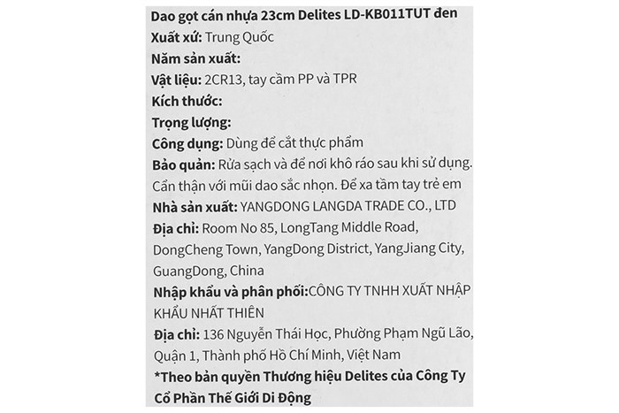 Dao gọt inox Delites LD-KB011TUT Màu Đen