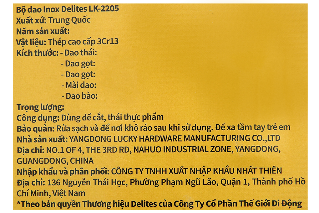 Bộ dao inox Delites LK-2205 Màu Nâu