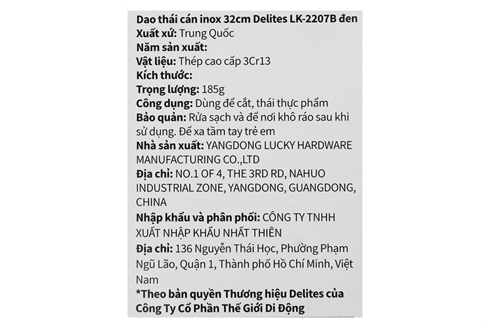 Dao thái inox Delites LK-2207B Màu Đen