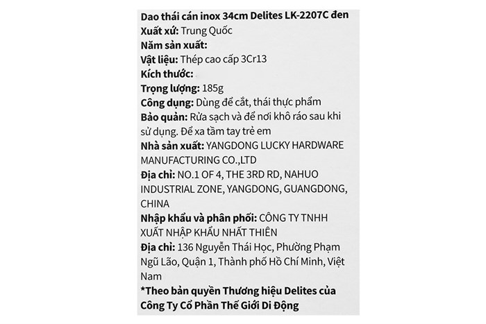 Dao thái inox Delites LK-2207C Màu Đen