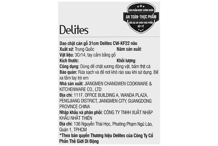 Dao chặt inox Delites CW-KF22 Màu Nâu