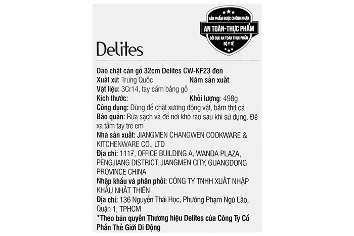 Dao chặt inox Delites CW-KF23 Màu Đen