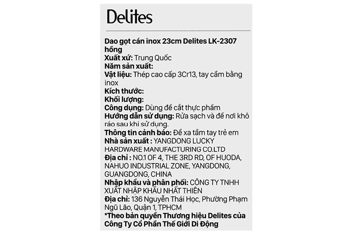 Dao gọt inox Delites LK 2307 Màu Hồng