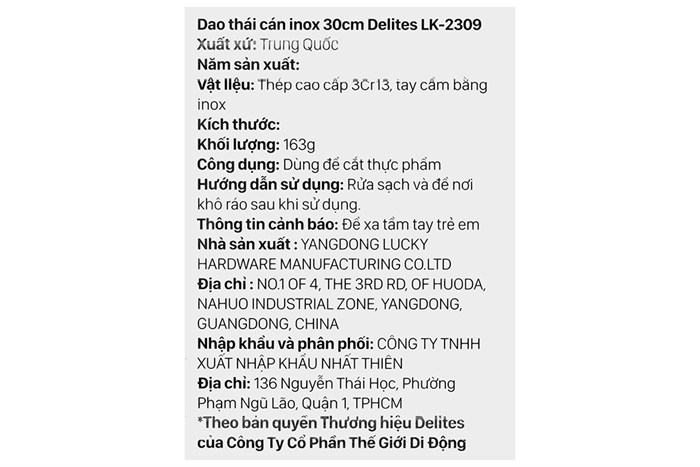 Dao thái inox Delites LK 2309 Màu Bạc