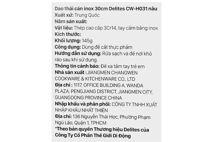 Dao thái inox Delites CW-H031 Màu Nâu