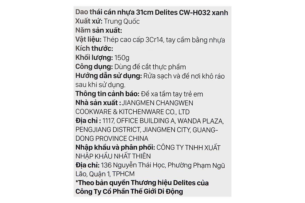 Dao thái inox Delites CW-H032 Màu Xanh
