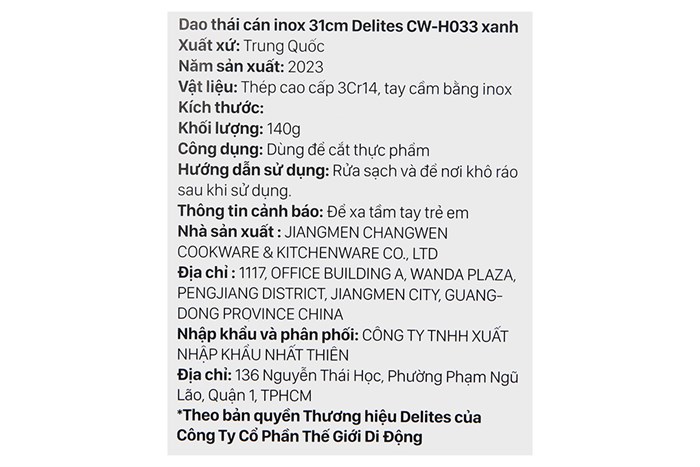 Dao thái inox Delites CW-H033 Màu Xanh