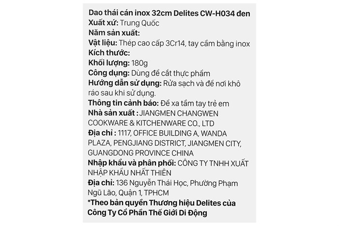 Dao thái inox Delites CW-H034 Màu Đen